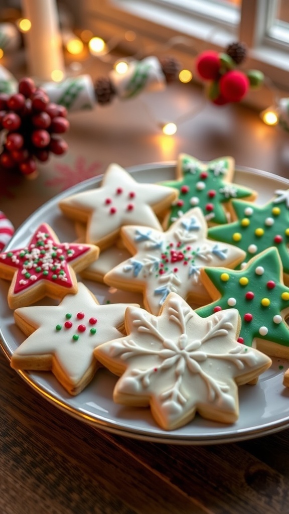 A festive plate of decorated sugar cookies in various holiday shapes with colorful icing and sprinkles.